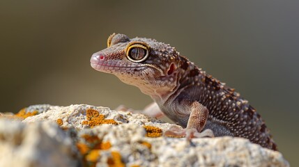 Obraz premium A gecko rests on a smooth rock, its textured skin blending with the stone. Its alert eyes survey the surroundings, while its body remains still, camouflaged in the natural environment.