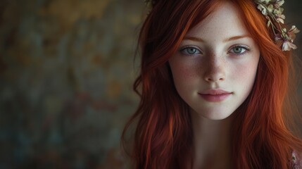 Naklejka premium Thoughtful young woman with red hair and floral crown
