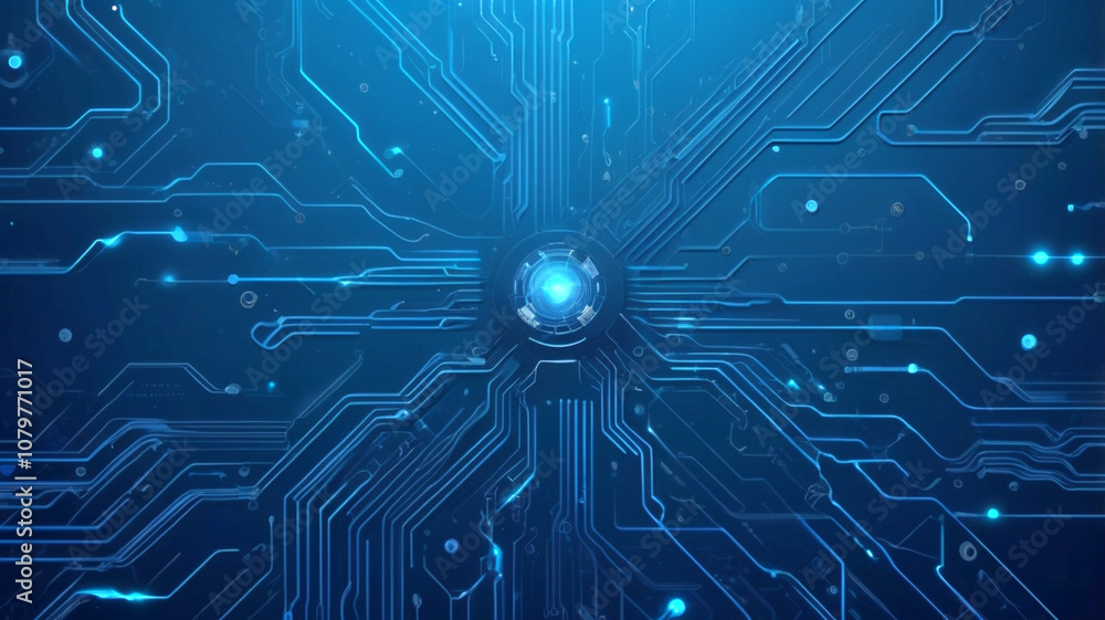 Poster futuristic vector illustration of a blue circuit board with intricate digital tech elements. compute