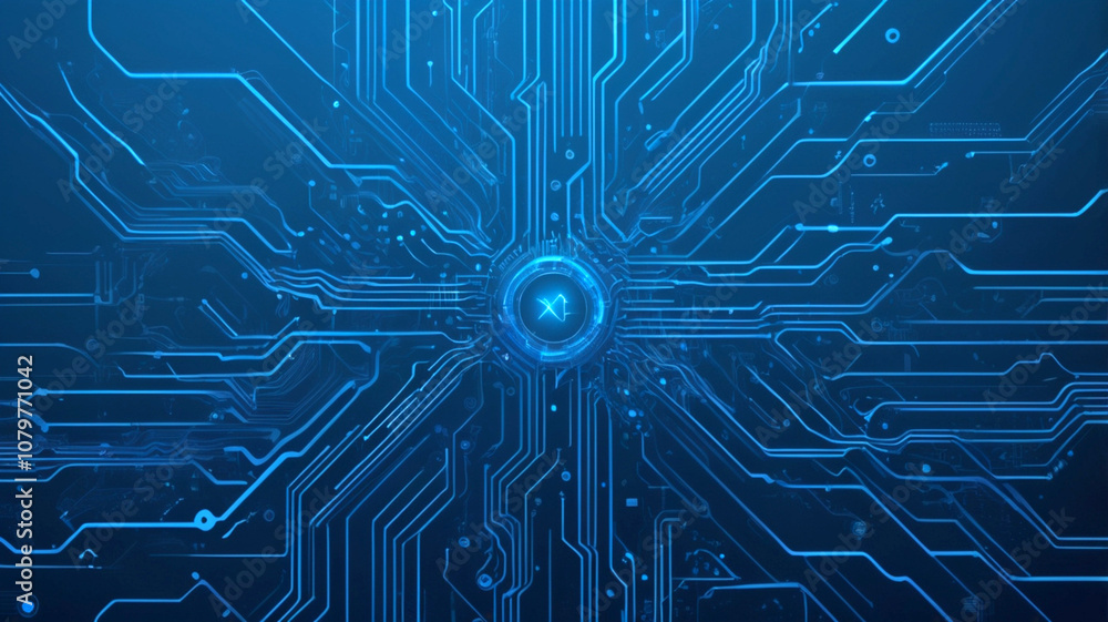 Poster futuristic vector illustration of a blue circuit board with intricate digital tech elements. compute
