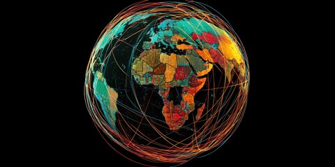 A 3D-rendered globe with countries highlighted in bright colors, surrounded by lines symbolizing global connectivity.
