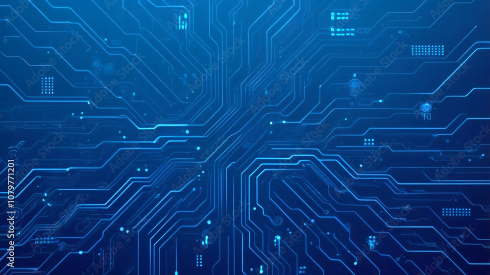 Poster futuristic vector illustration of a blue circuit board with intricate digital tech elements. compute