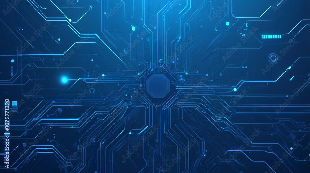 Poster futuristic vector illustration of a blue circuit board with intricate digital tech elements. compute