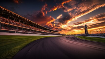Dramatic sunset over a racetrack with spectators in the stands