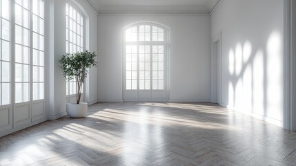 Obraz premium A bright, airy room with large windows, hardwood floors, and a potted plant, with sunlight streaming through the windows.