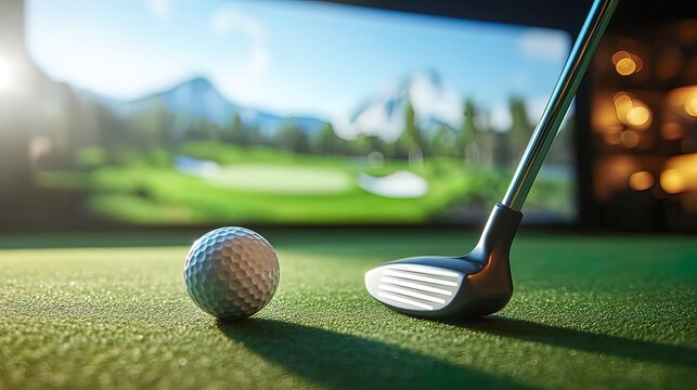 Golf club and ball on a green putting mat with a golf course projected on a screen behind.