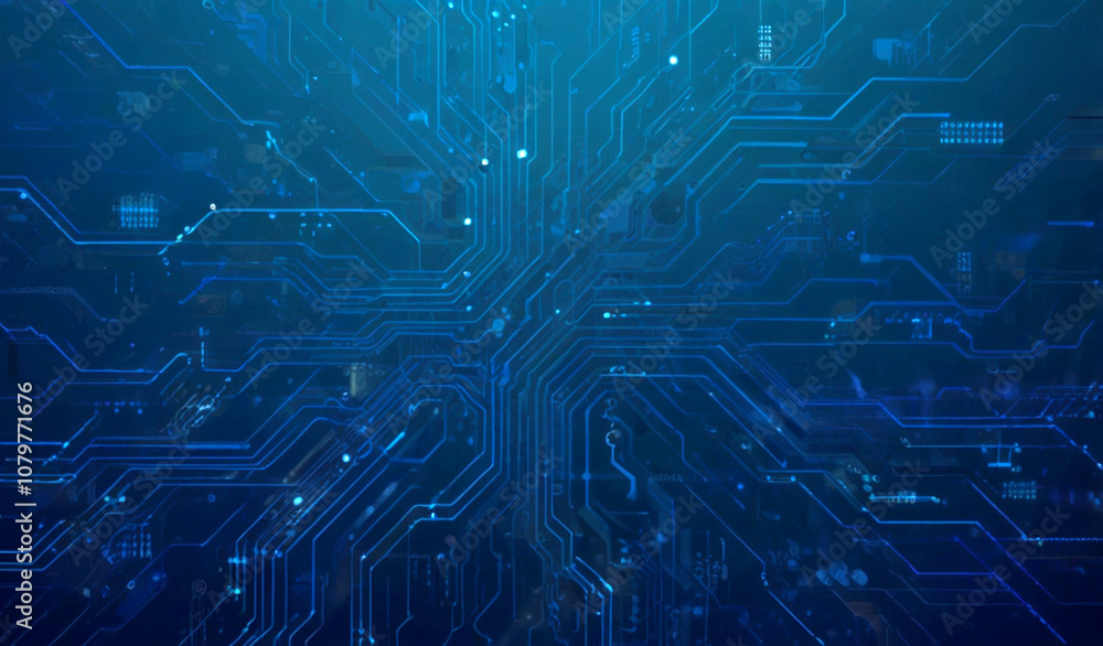 Poster futuristic vector illustration of a blue circuit board with intricate digital tech elements. compute