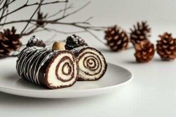 Chocolate Yule Log Cake with Pine Cone Decoration