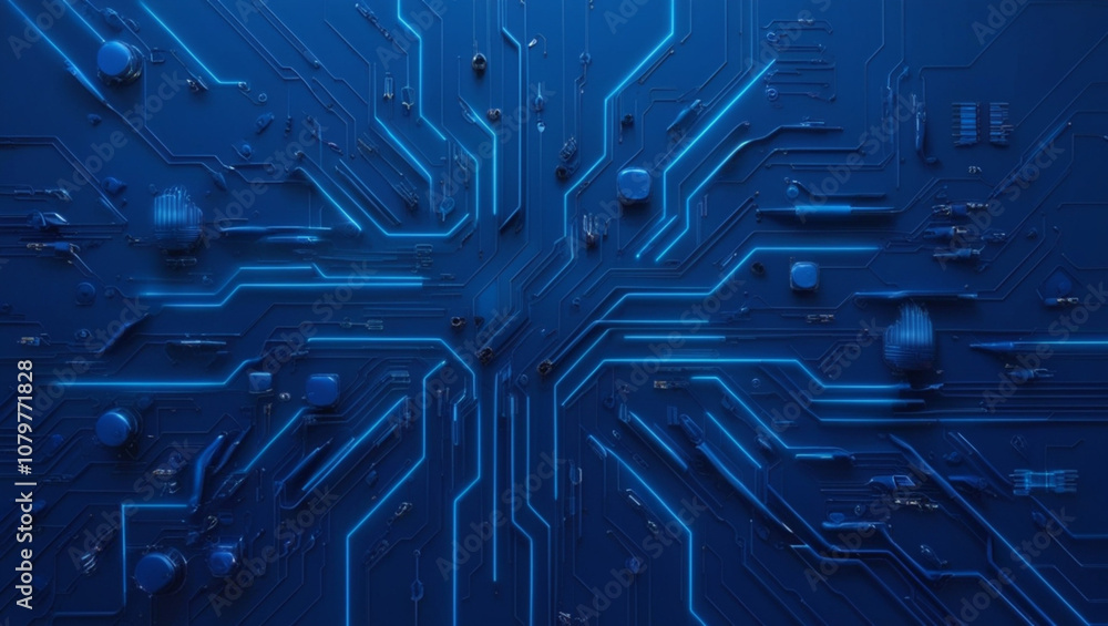 Poster futuristic vector illustration of a blue circuit board with intricate digital tech elements. compute