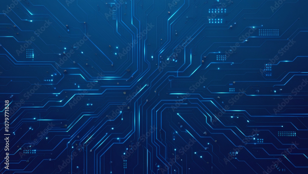 Poster futuristic vector illustration of a blue circuit board with intricate digital tech elements. compute