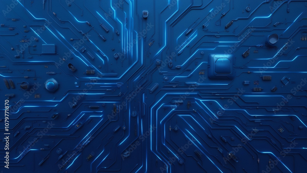 Poster futuristic vector illustration of a blue circuit board with intricate digital tech elements. compute