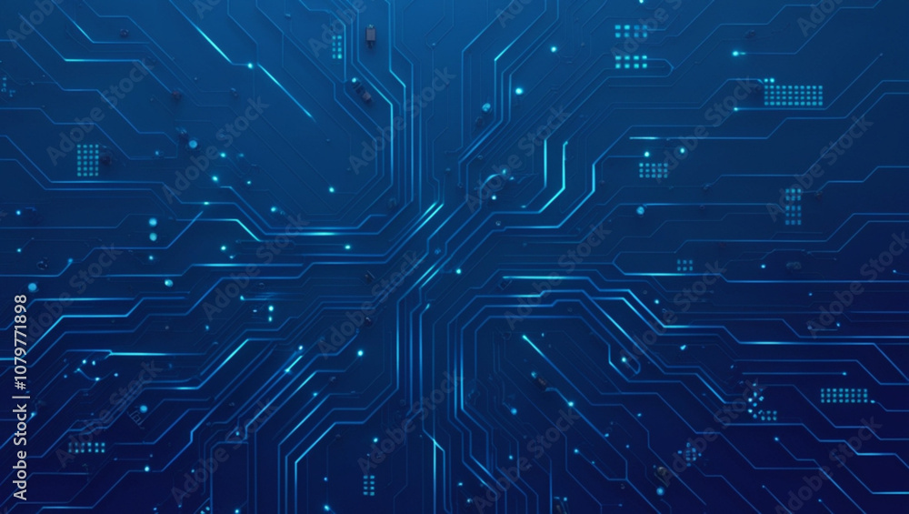 Poster futuristic vector illustration of a blue circuit board with intricate digital tech elements. compute