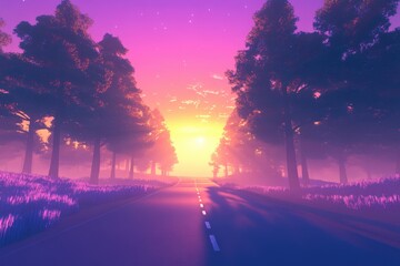 Serene sunset landscape with a winding road through a forest