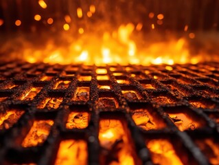 Glowing embers and flames in a fireplace or grill