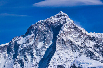 Majestic Mount Makalu,8485 m,5th highest mountain in the world,south west face and west pillar with wispy jet streams over the summit from the Mera Peak summit,6461 m,Mera Peak expedition,Nepal 