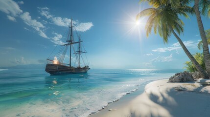 Naklejka premium A majestic ship is anchored by the shore, its silhouette contrasting against the setting sun. The beach features soft white sand, while a campfire flickers, casting a warm glow on the peaceful scene.