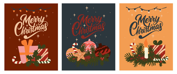 Festive hand-drawn vector set of cards with holiday elements including gifts, candles, ornaments and Happy Holidays text. Perfect for greeting cards, seasonal designs, and winter celebrations.