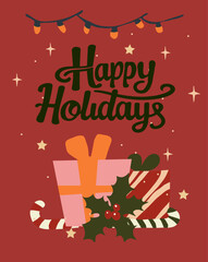 Festive hand-drawn vector illustration with holiday elements including gifts, candles, ornaments, food, and Happy Holidays text. Perfect for greeting cards, seasonal designs, and winter celebrations.