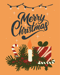 Festive  vector card with holiday elements including gifts, candles, ornaments, balls and Merry Christmas text. Perfect for greeting cards, seasonal designs, and winter celebrations.