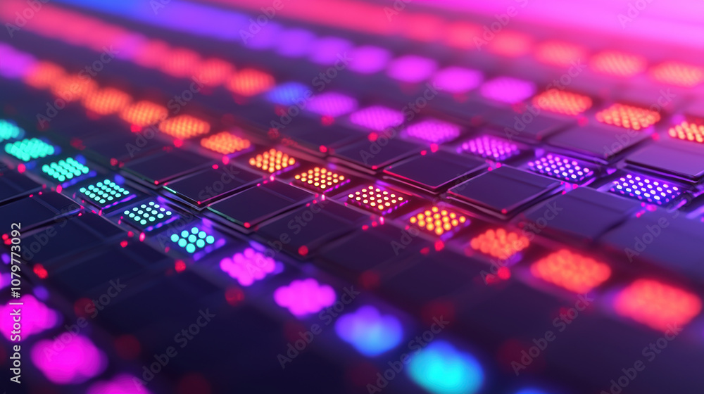 Aufkleber quantum computing data analytics concept. a vivid display of colorful led lights arranged in a grid 