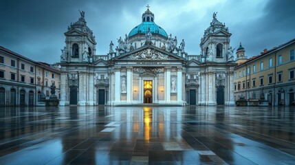 Fototapeta premium Majestic cathedral with ornate architecture and a stunning blue dome under a dramatic sky