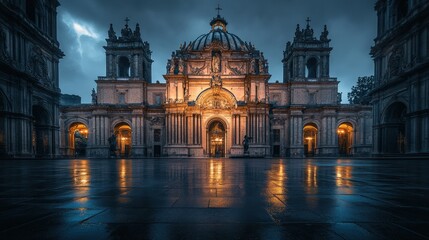 Fototapeta premium Ornate cathedral facade illuminated at night under dramatic sky