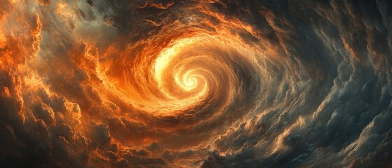Dramatic swirling clouds in a fiery orange sky
