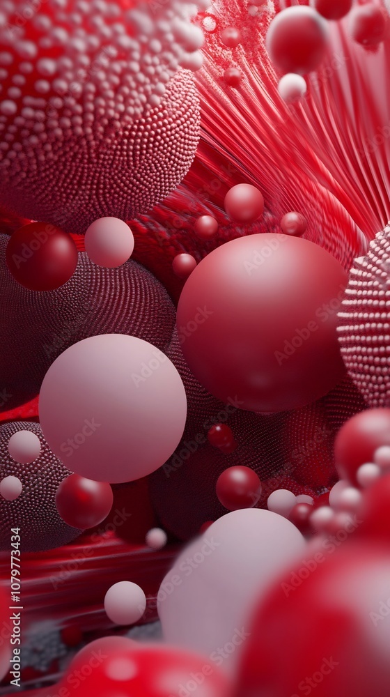 Poster abstract vibrant red spherical backdrop with fluid geometric patterns and bubbles