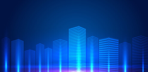 Futuristic city building background. Modern smart city blue light technology.