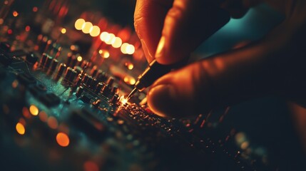 Hands of a musician playing an electric guitar on stage with colorful lighting