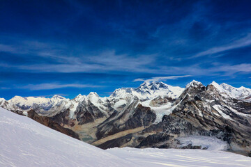 Everest,8848 m and Cho Oyu,8201 m wide angle panorama from the descent from summit of Mera...