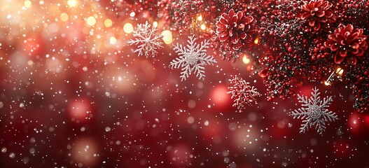 A vibrant digital illustration featuring bokeh snowflakes against a warm red background, perfect for seasonal winter promotions or Christmas-themed designs.