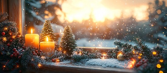 Cozy winter scene featuring a warmly decorated window sill with candles and evergreen trees, perfect for holiday cards, winter events, or festive home decor.