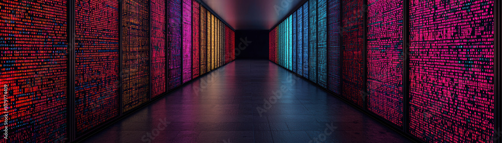 Aufkleber quantum computing data analytics concept. a vibrant hallway featuring illuminated panels of various 