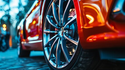 A close-up of a modern cara??s alloy wheel, with brake calipers visible through the spokes.