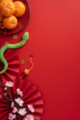 A vibrant vertical composition of Chinese New Year elements, including oranges, red paper fans, and gold coins, symbolizing luck and prosperity