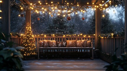 Obraz premium Cozy outdoor Christmas patio, wooden bench with festive cushions, string lights hanging above, small Christmas tree lit with fairy lights, garland along the railing,
