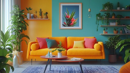 Modern Living Room with Vibrant Colors and Plants