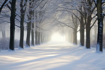 Naklejka premium Serene winter wonderland with snow-covered trees lining a peaceful path