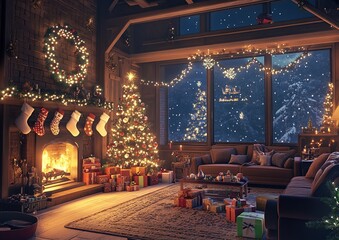 Fototapeta premium Cozy Christmas Fireplace and Decorated Tree