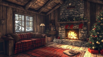 Cozy rustic cabin decorated for the holidays, roaring fireplace casting a golden glow, natural wood decor, Christmas tree with handmade ornaments, plaid blanket on a comfy sofa, inviting and warm,