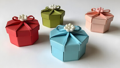 Fototapeta premium Colorful gift boxes with ribbons and decorative flowers arranged in a playful composition on a white background