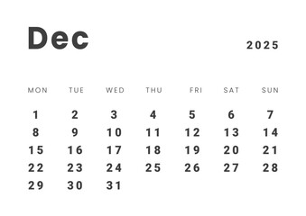 Template design of Monthly Calendar on December 2025. Vector layout grid of calendar with week start Monday. Page for size A4 -21x29.7 cm.