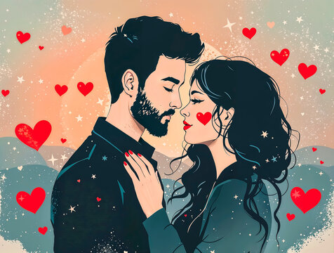ilustracion de joven pareja de enamorados abrazdos con cari&ntilde;o en dia de san valentin