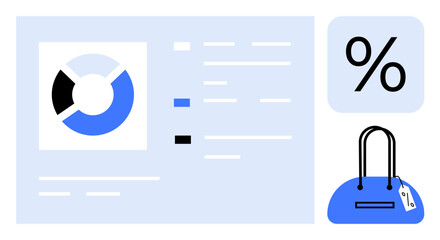 Data analysis chart with pie graph, percentage sign, and handbag with price tag. Ideal for business, marketing, sales, e-commerce, retail financial reports savings. Line metaphor