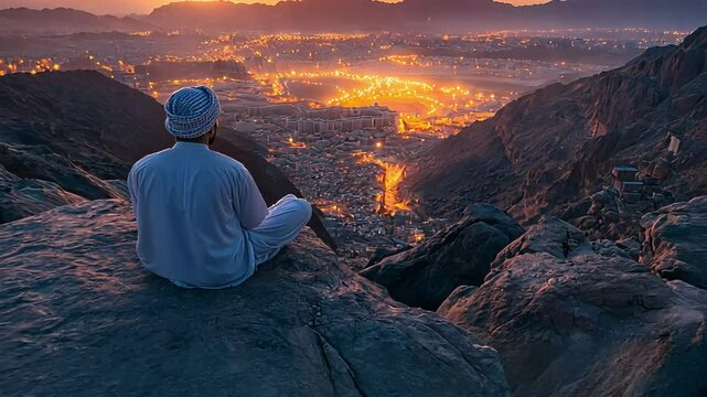 a muslim man sits on a mountaintop, overlooking a city at sunset. Rocky terrain surrounds them.