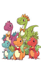 Fototapeta premium A group of mini cartoon dinosaurs wearing bow ties