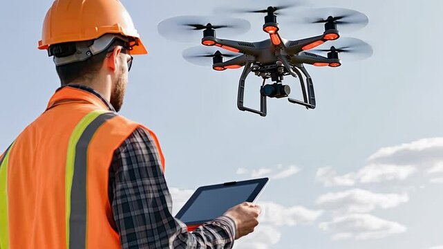 Drone Operation: Construction worker using tablet to control a drone in flight 