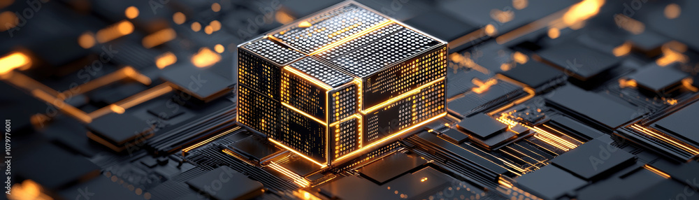 Poster quantum computing data analytics concept. a glowing, futuristic cube sits atop a dark, intricate cir