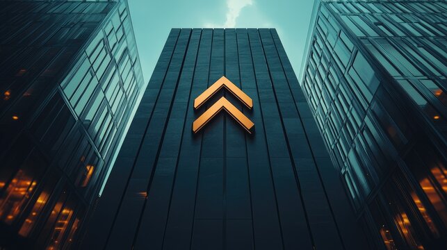 A golden arrow logo shines on a modern skyscraper facade, symbolizing growth and progress.